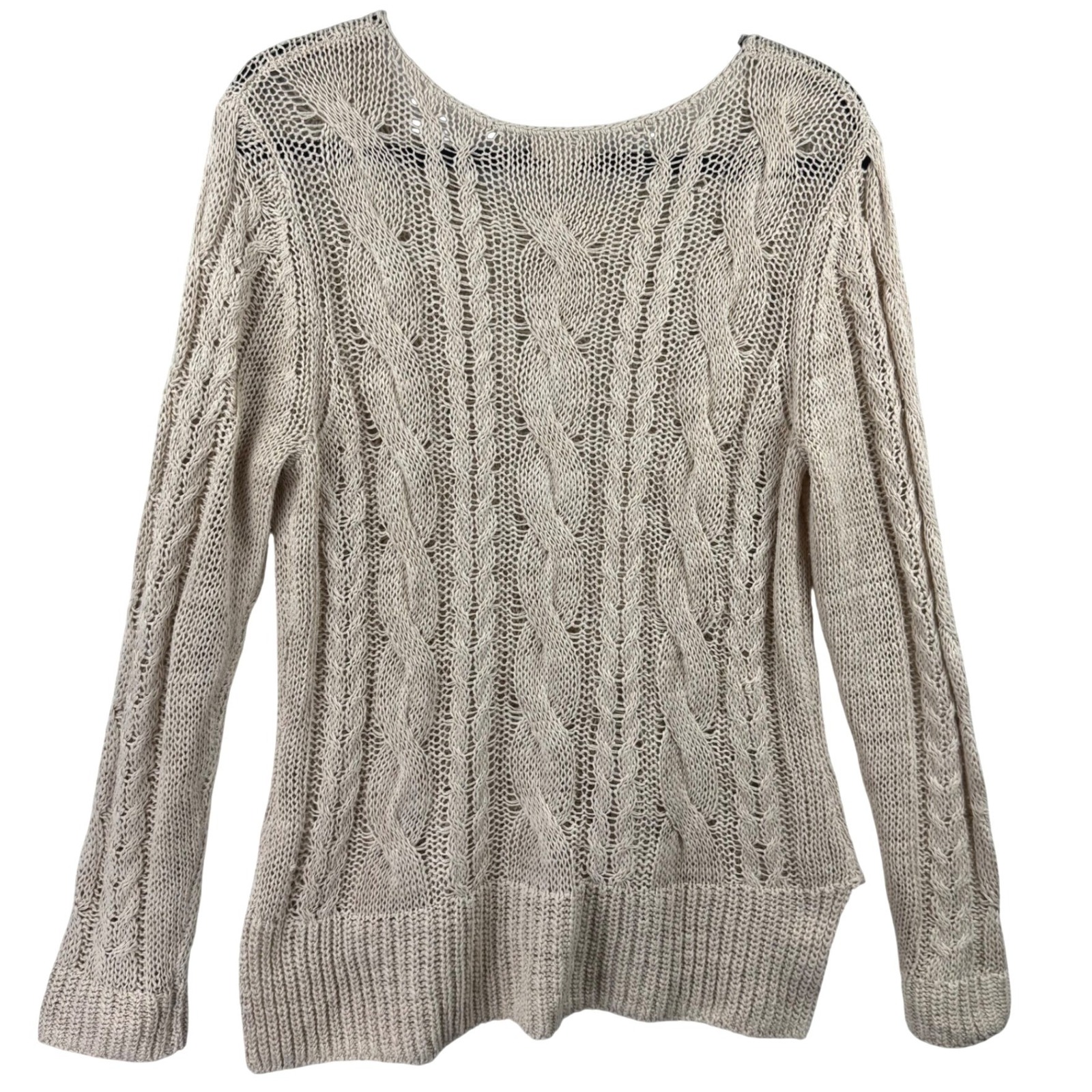Garnet Hill Sweater Womens Medium Beige Linen Cotton Cable Knit Beachy Coastal — image 3 of 8